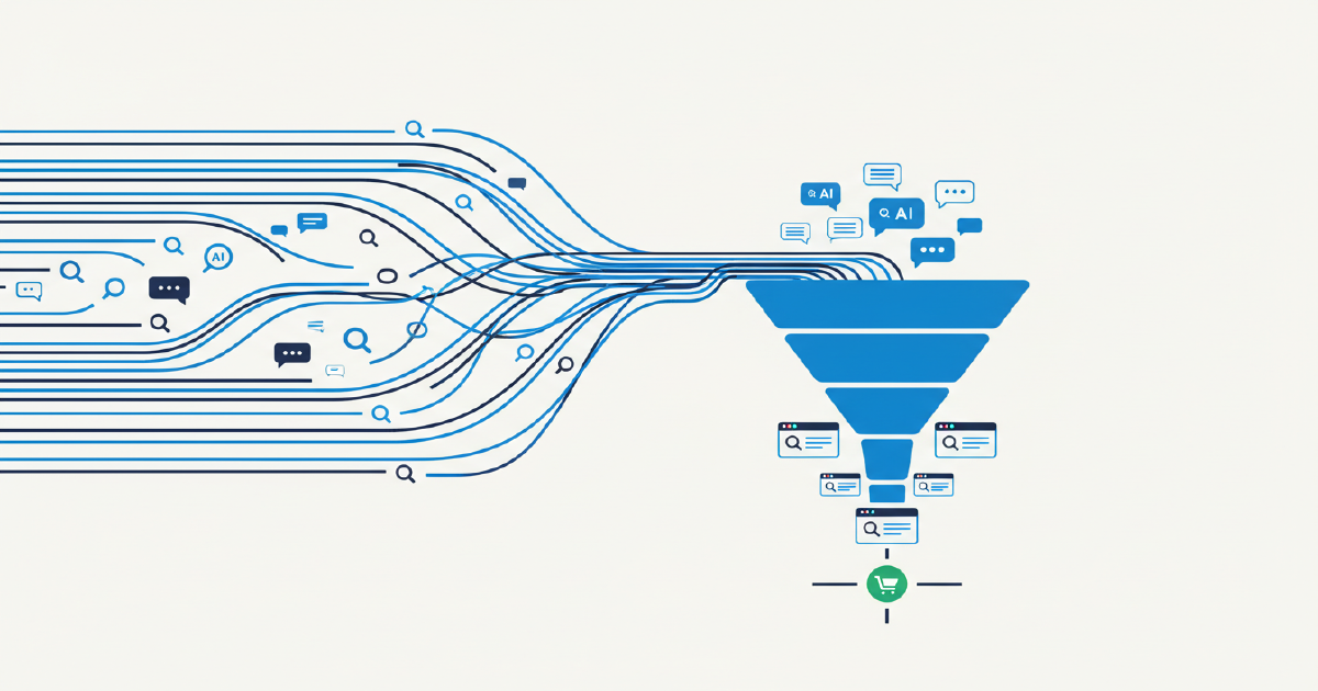 Analyse WISLR montrant que les chatbots IA fonctionnent comme des outils de recherche en milieu de tunnel dans le parcours d'achat e-commerce, avec des données d'attribution multicanal