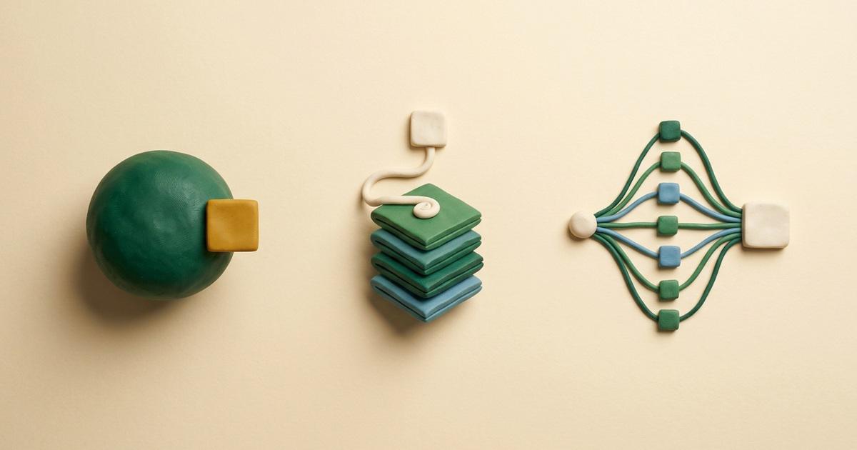 Three sculpted shapes representing how each Google surface builds an answer: a solid mass tapped once for the Gemini app, a ranked stack drawn from for AI Overviews, and parallel paths converging into one node for AI Mode