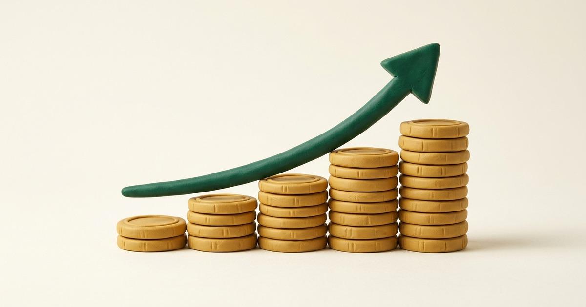 Rising stacks of gold clay coins under a green clay trend arrow: AI channel revenue, measured