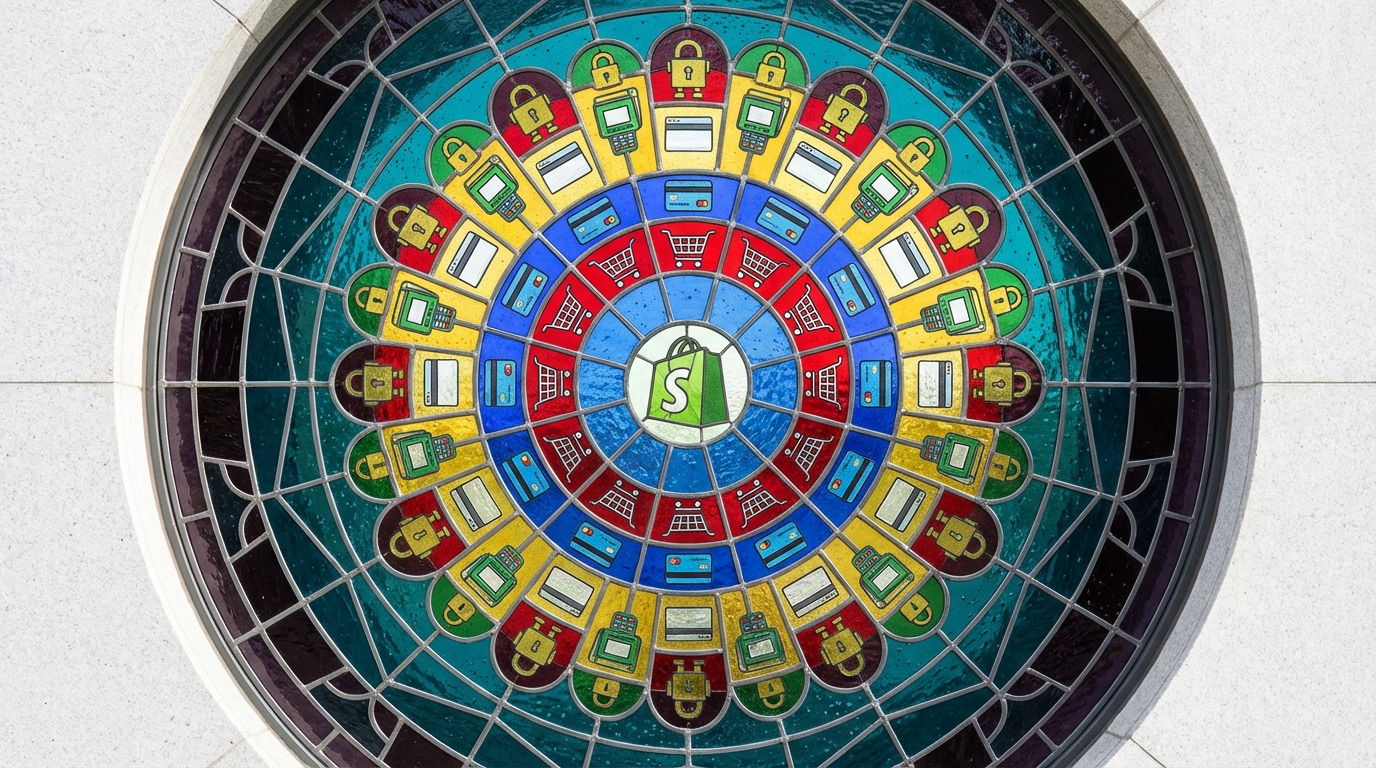 Vitrail kaléidoscopique représentant la vérification du paiement Shopify par Storebot-Google et GPTBot