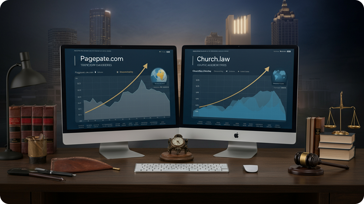Law firm domain migration from PagePate.com to Church.law showing preserved search traffic analytics