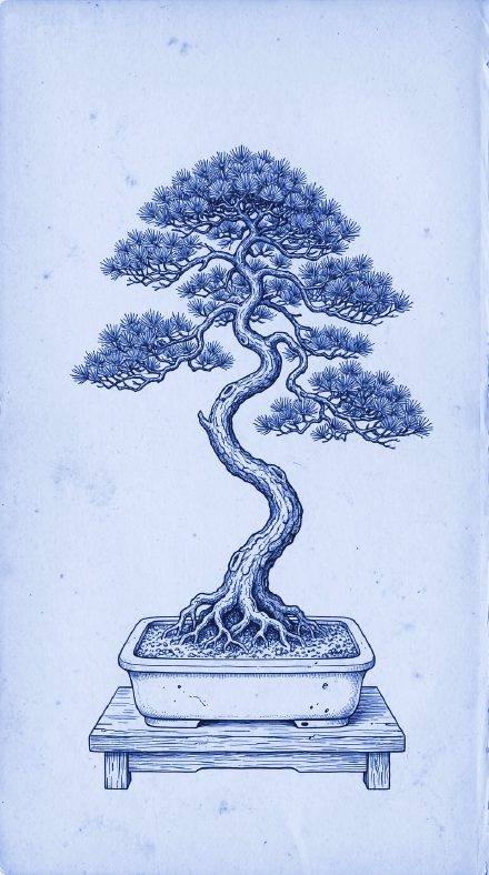 Blue-toned vintage botanical illustration of a formal pine bonsai on a display stand, in the WISLR theme