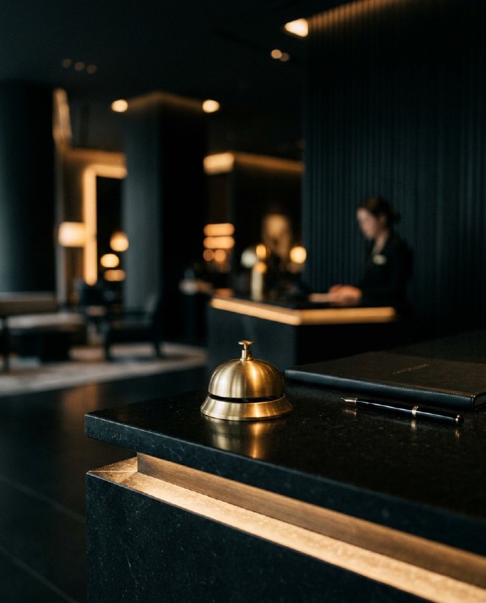 A brass concierge bell and room key on dark marble