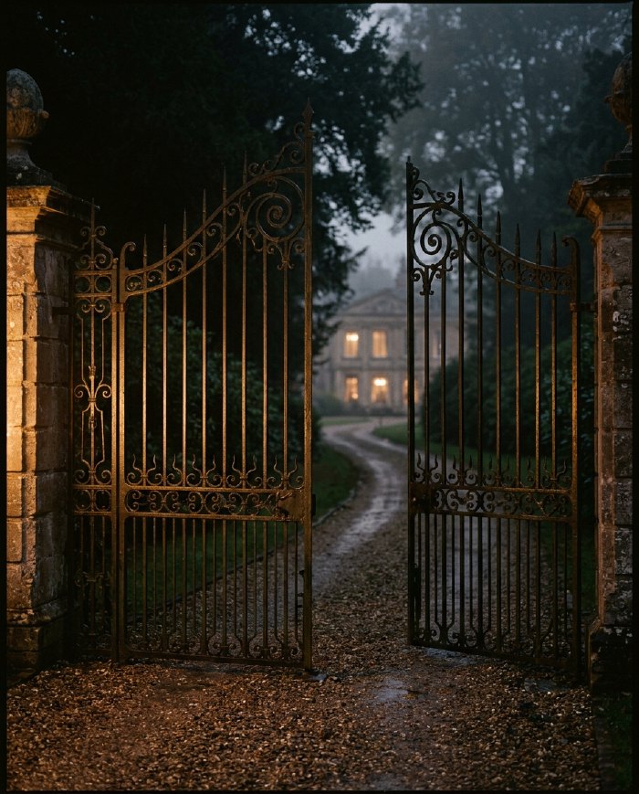 Wrought-iron gates opening onto a lit stone manor at dusk