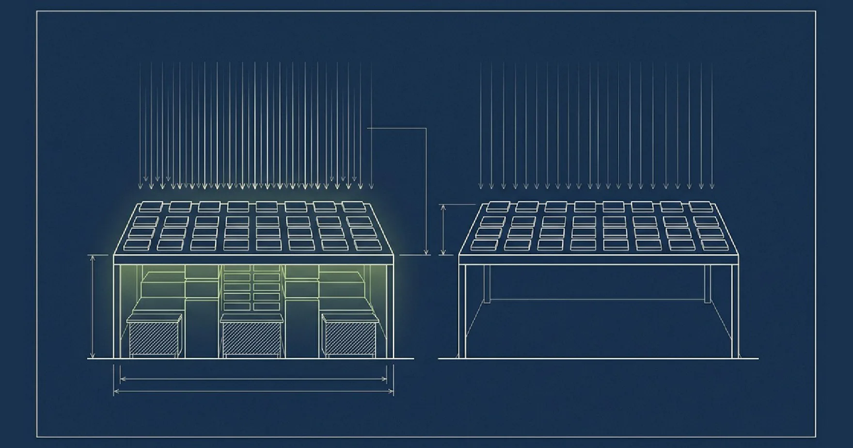 Blueprint-style drawing of two ecommerce product grids side by side: the treated one glowing, with a block of prerendered content built underneath it, and the untouched holdout beside it with nothing below the grid, both under a rain of AI crawler requests