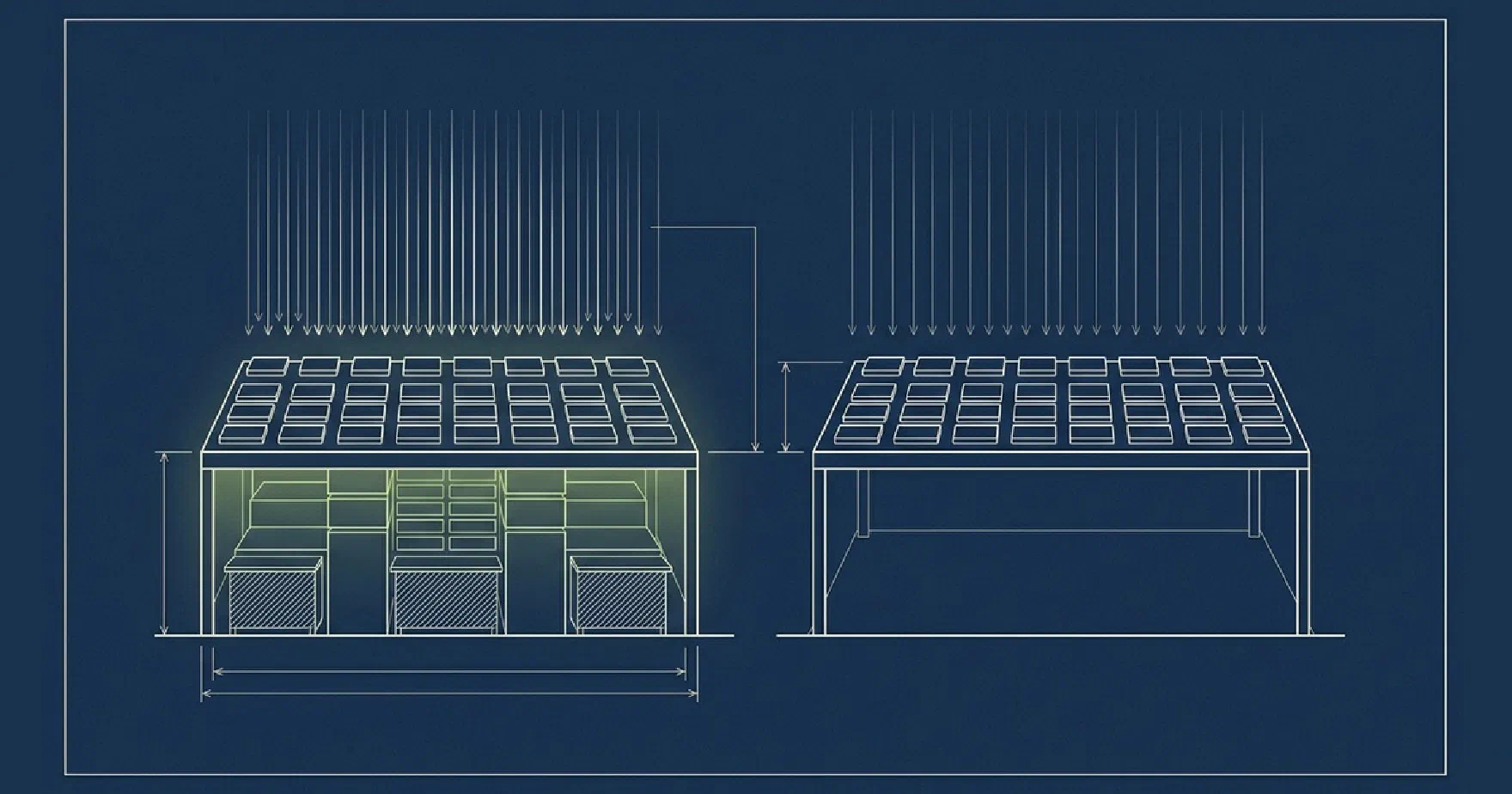 Blueprint-style drawing of two ecommerce product grids side by side: the treated one glowing, with a block of prerendered content built underneath it, and the untouched holdout beside it with nothing below the grid, both under a rain of AI crawler requests