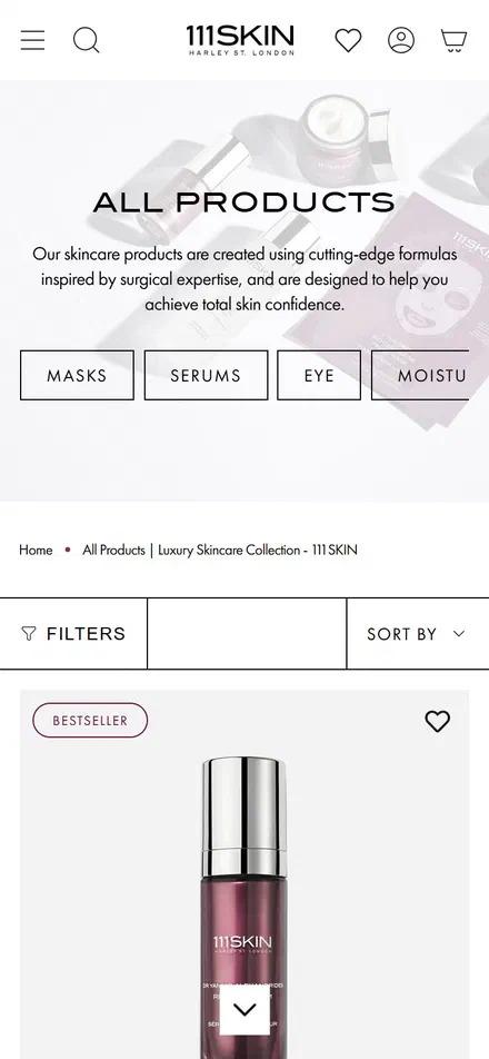 111Skin collection: all products on mobile, Shopify luxury beauty storefront captured at 390 x 844
