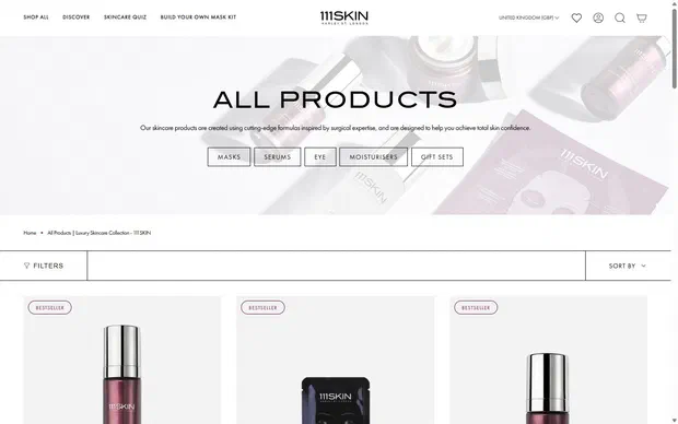 111Skin collection: all products on desktop, Shopify luxury beauty storefront captured at 1440 x 900