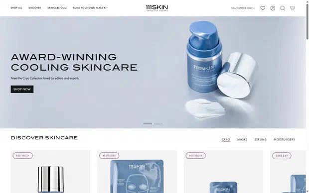 111Skin homepage on desktop, Shopify luxury beauty storefront captured at 1440 x 900