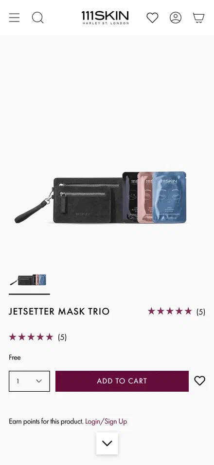 111Skin product page on mobile, Shopify luxury beauty storefront captured at 390 x 844