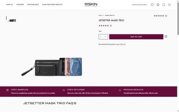 111Skin product page on desktop, Shopify luxury beauty storefront captured at 1440 x 900
