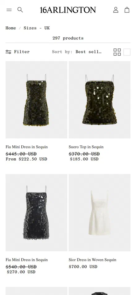 16Arlington collection: sizes - uk on mobile, Shopify luxury fashion storefront captured at 390 x 844