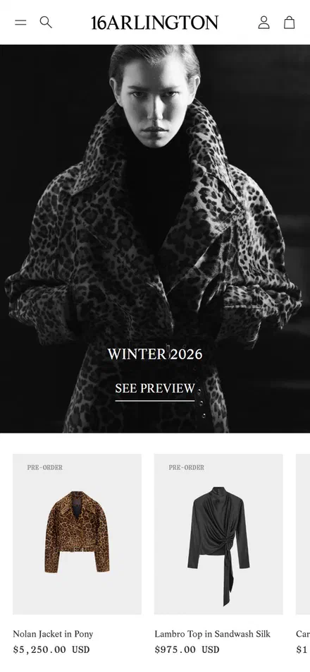 16Arlington homepage on mobile, Shopify luxury fashion storefront captured at 390 x 844