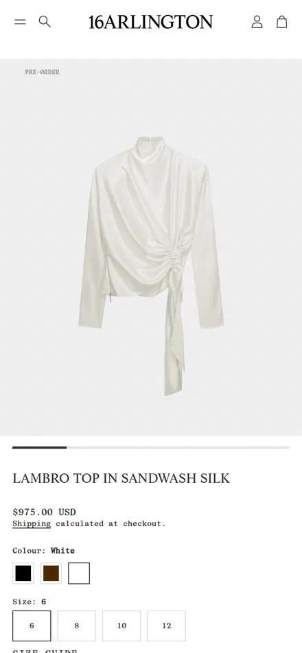 16Arlington product page on mobile, Shopify luxury fashion storefront captured at 390 x 844