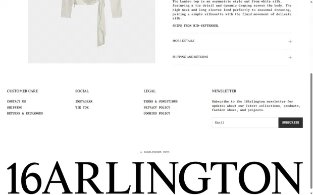 16Arlington product page on desktop, Shopify luxury fashion storefront captured at 1440 x 900