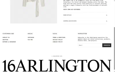 16Arlington product page on desktop, Shopify luxury fashion storefront captured at 1440 x 900