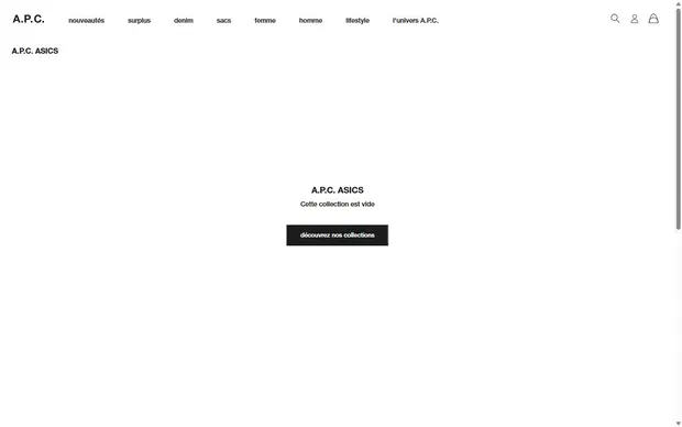 A.P.C. collection: a.p.c. asics on desktop, Shopify luxury fashion storefront captured at 1440 x 900