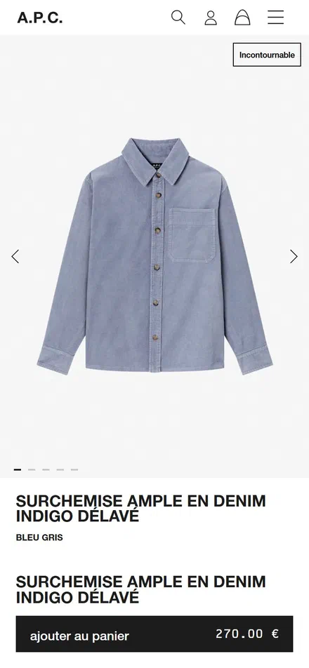 A.P.C. product page on mobile, Shopify luxury fashion storefront captured at 390 x 844