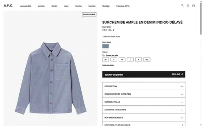 A.P.C. product page on desktop, Shopify luxury fashion storefront captured at 1440 x 900