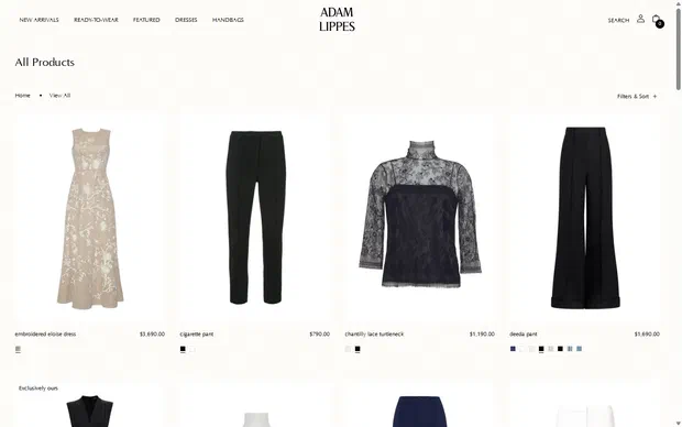 Adam Lippes collection: all products on desktop, Shopify luxury fashion storefront captured at 1440 x 900