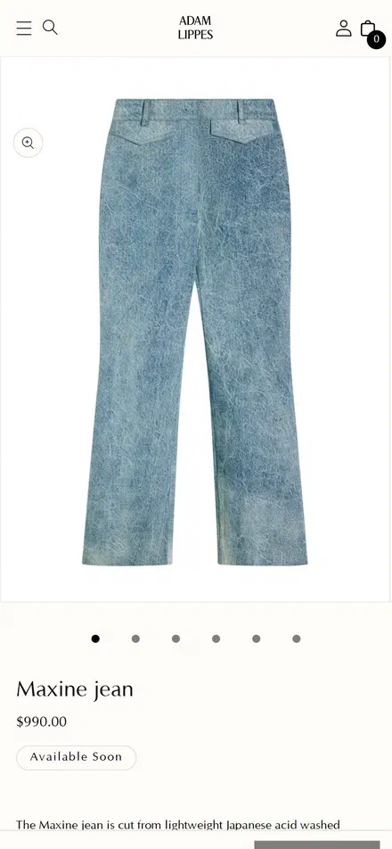 Adam Lippes product page on mobile, Shopify luxury fashion storefront captured at 390 x 844
