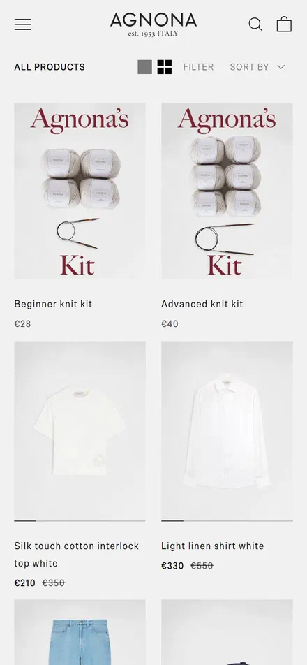 Agnona collection: all products on mobile, Shopify luxury fashion storefront captured at 390 x 844