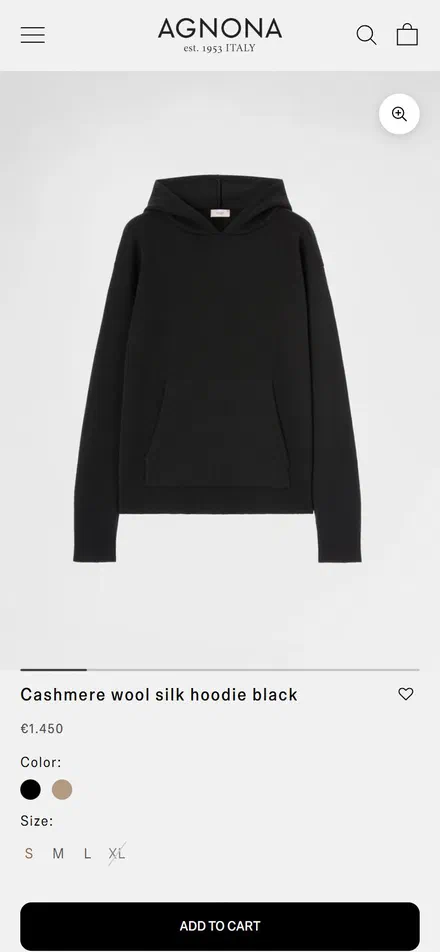 Agnona product page on mobile, Shopify luxury fashion storefront captured at 390 x 844