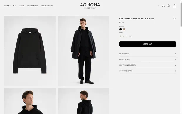Agnona product page on desktop, Shopify luxury fashion storefront captured at 1440 x 900