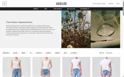 Agolde collection: "field to fashion": regenerative cotton on desktop, Shopify luxury fashion storefront captured at 1440 x 900