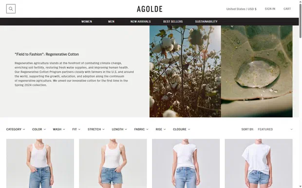Agolde collection: "field to fashion": regenerative cotton on desktop, Shopify luxury fashion storefront captured at 1440 x 900