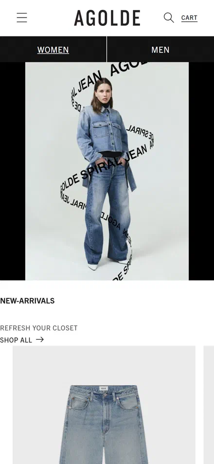 Agolde homepage on mobile, Shopify luxury fashion storefront captured at 390 x 844