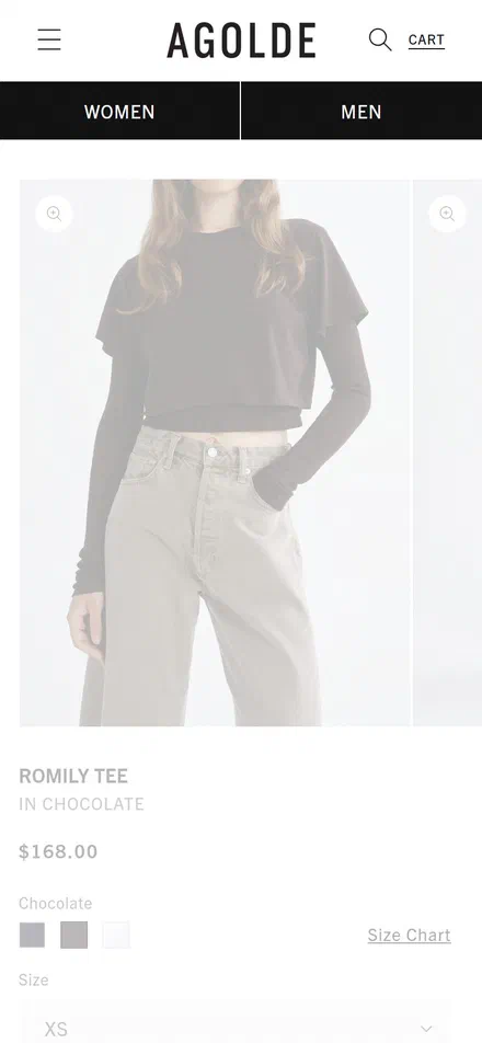 Agolde product page on mobile, Shopify luxury fashion storefront captured at 390 x 844