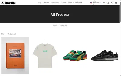 Ahluwalia collection: all products on desktop, Shopify luxury fashion storefront captured at 1440 x 900