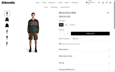 Ahluwalia product page on desktop, Shopify luxury fashion storefront captured at 1440 x 900