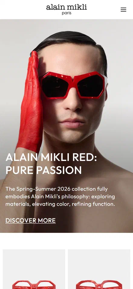 Alain Mikli homepage on mobile, Shopify luxury eyewear storefront captured at 390 x 844