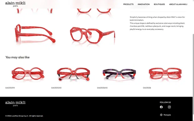 Alain Mikli product page on desktop, Shopify luxury eyewear storefront captured at 1440 x 900