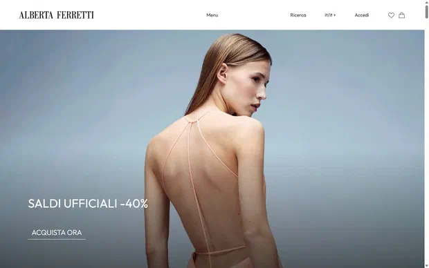 Alberta Ferretti homepage on desktop, Shopify luxury fashion storefront captured at 1440 x 900