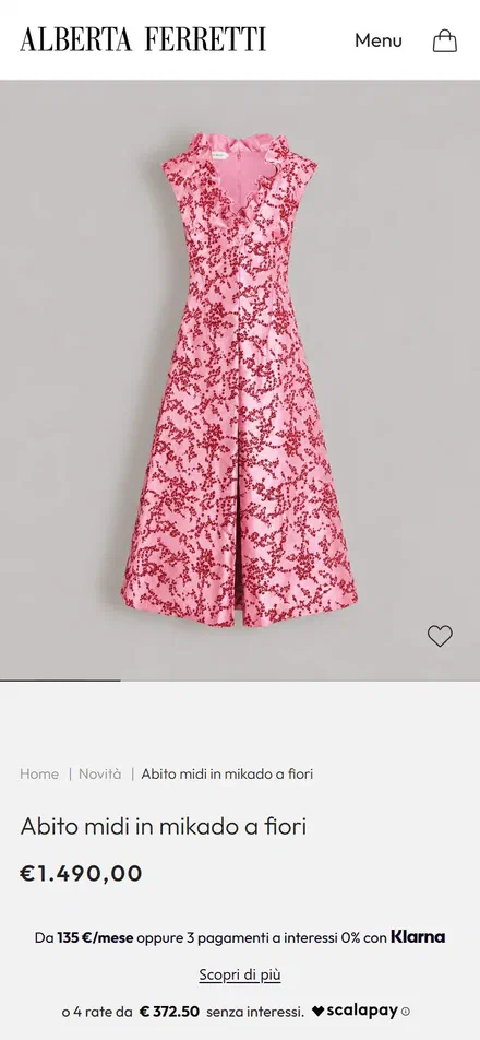 Alberta Ferretti product page on mobile, Shopify luxury fashion storefront captured at 390 x 844