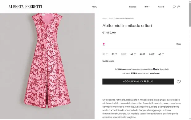 Alberta Ferretti product page on desktop, Shopify luxury fashion storefront captured at 1440 x 900