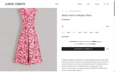 Alberta Ferretti product page on desktop, Shopify luxury fashion storefront captured at 1440 x 900
