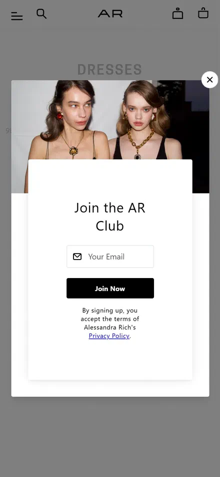 Alessandra Rich collection: dresses on mobile, Shopify luxury fashion storefront captured at 390 x 844