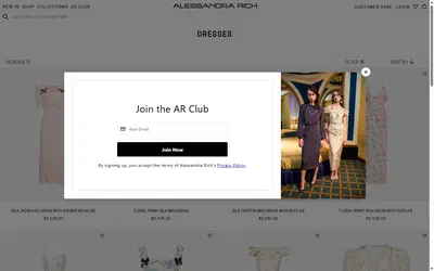 Alessandra Rich collection: dresses on desktop, Shopify luxury fashion storefront captured at 1440 x 900
