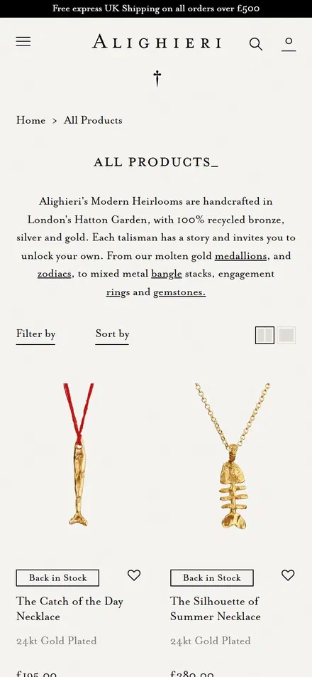 Alighieri collection: all products on mobile, Shopify luxury jewelry storefront captured at 390 x 844