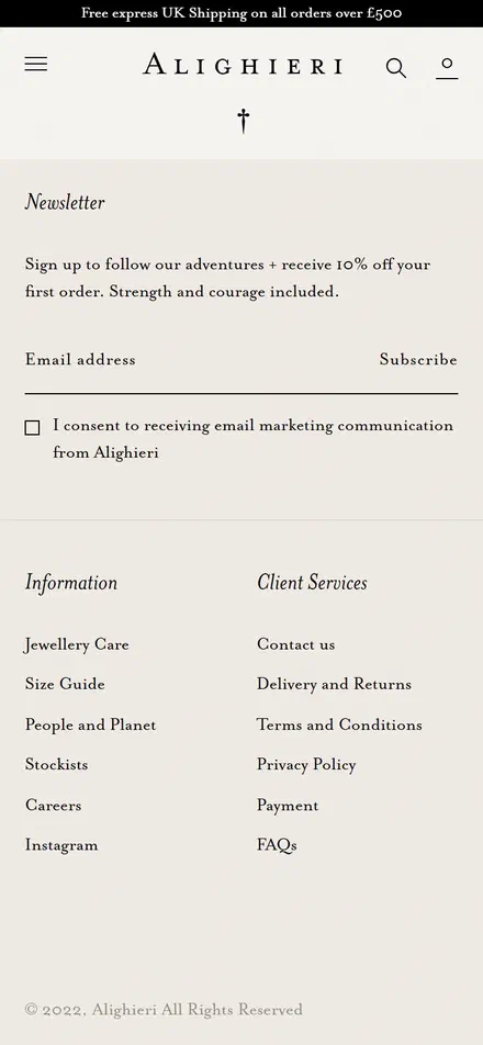 Alighieri homepage on mobile, Shopify luxury jewelry storefront captured at 390 x 844