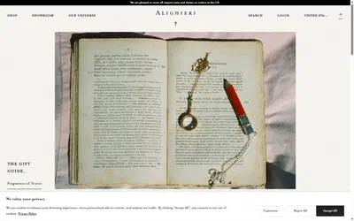 Alighieri homepage on desktop, Shopify luxury jewelry storefront captured at 1440 x 900