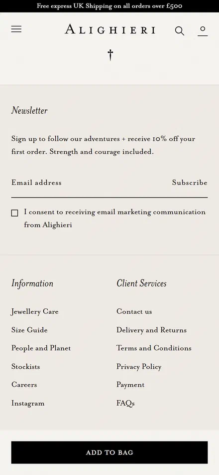Alighieri product page on mobile, Shopify luxury jewelry storefront captured at 390 x 844