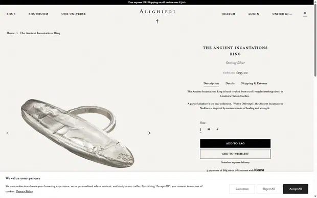 Alighieri product page on desktop, Shopify luxury jewelry storefront captured at 1440 x 900