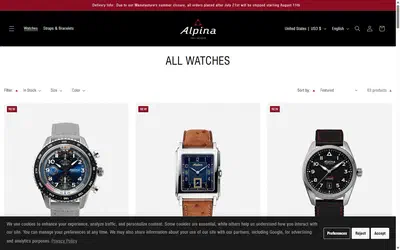 Alpina collection: all watches on desktop, Shopify luxury watches storefront captured at 1440 x 900