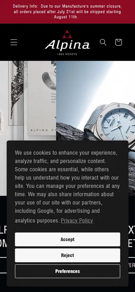 Alpina homepage on mobile, Shopify luxury watches storefront captured at 390 x 844