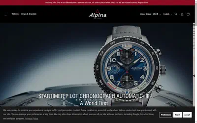 Alpina homepage on desktop, Shopify luxury watches storefront captured at 1440 x 900